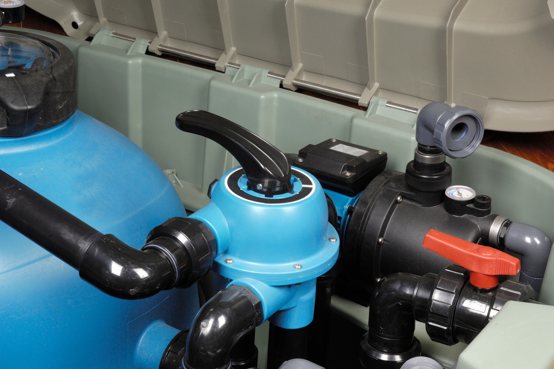 Several valves all connected to the pool filter system in Brentwood, CA