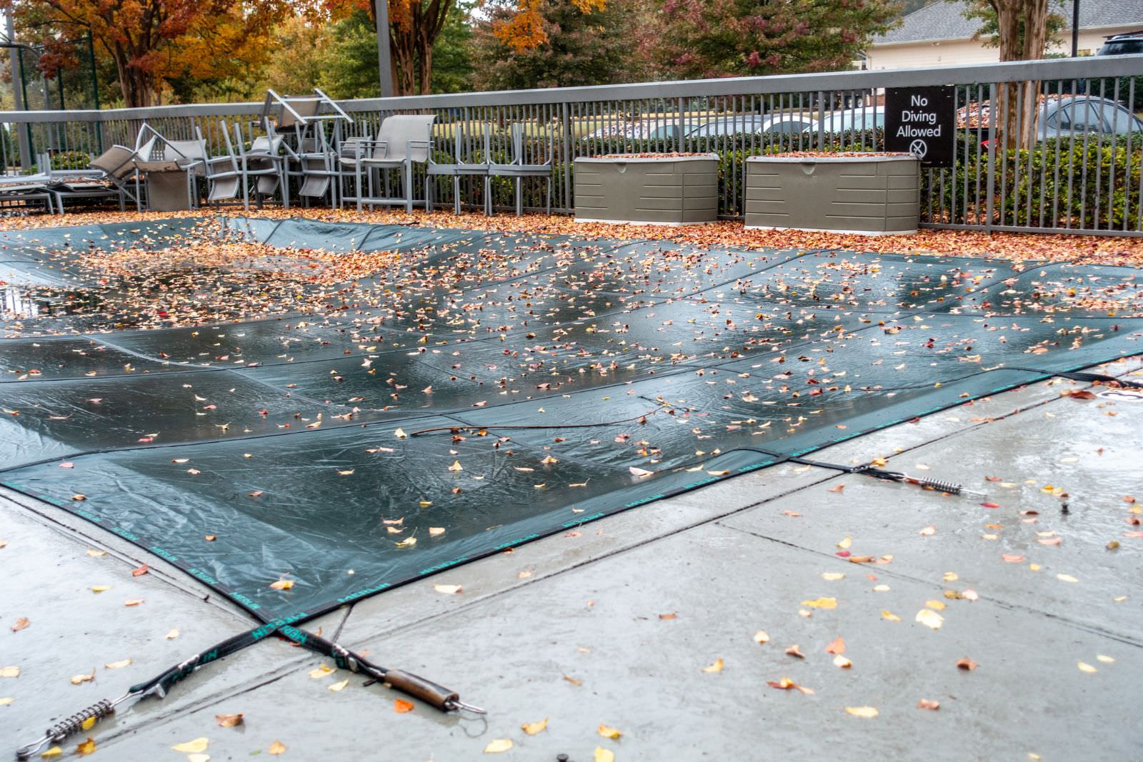 Residential swimming pool covered for winter with safety cover and fallen leaves in Brentwood CA