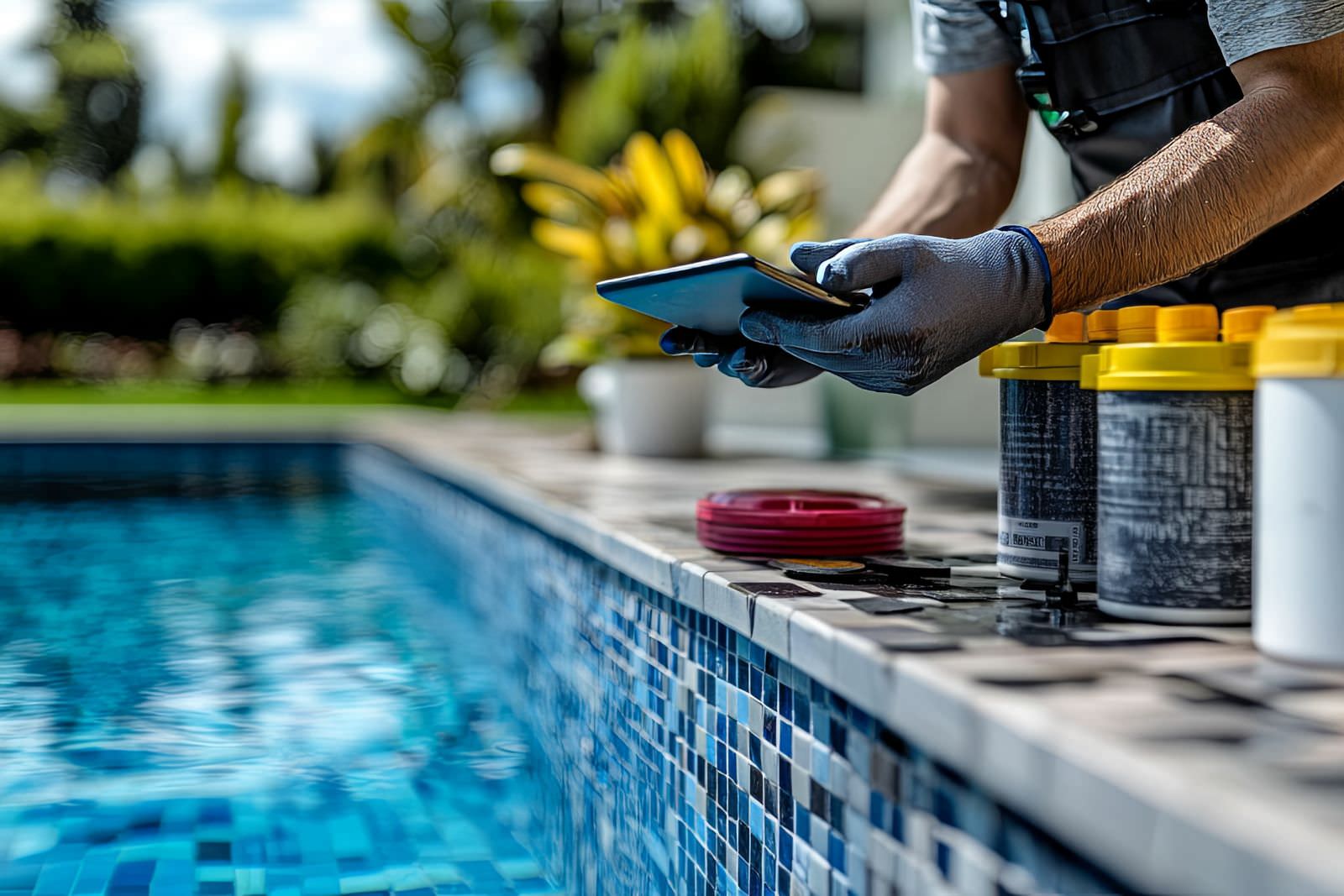 Pool technician testing and recording water chemistry results beside residential swimming pool in Brentwood CA