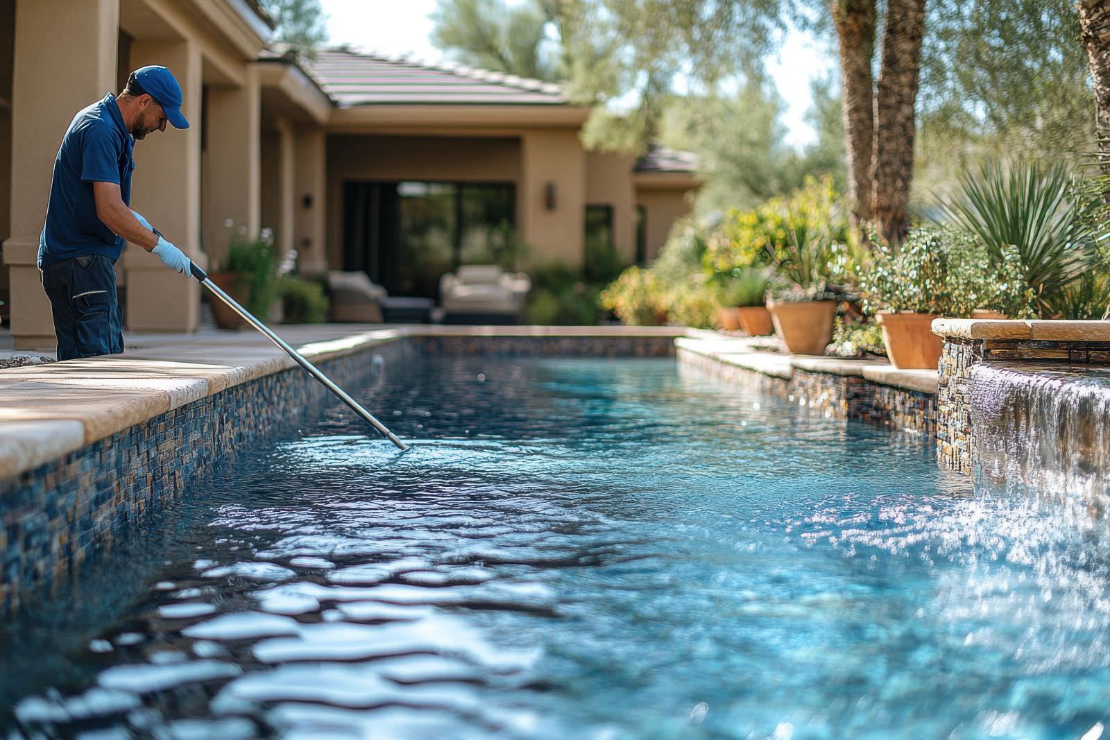 Pool service technician skimming and cleaning residential swimming pool during routine maintenance in Brentwood CA