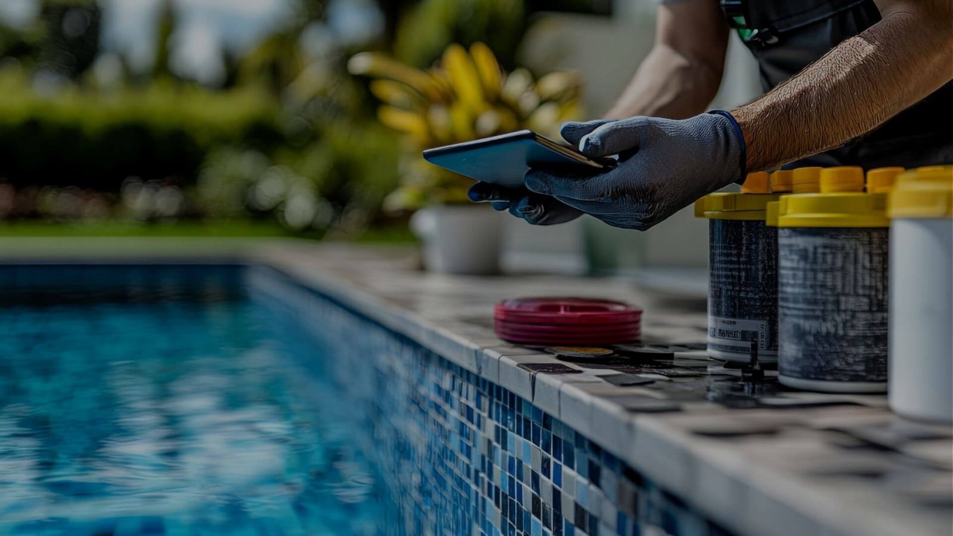 Pool technician testing and recording water chemistry results beside residential swimming pool in Brentwood CA