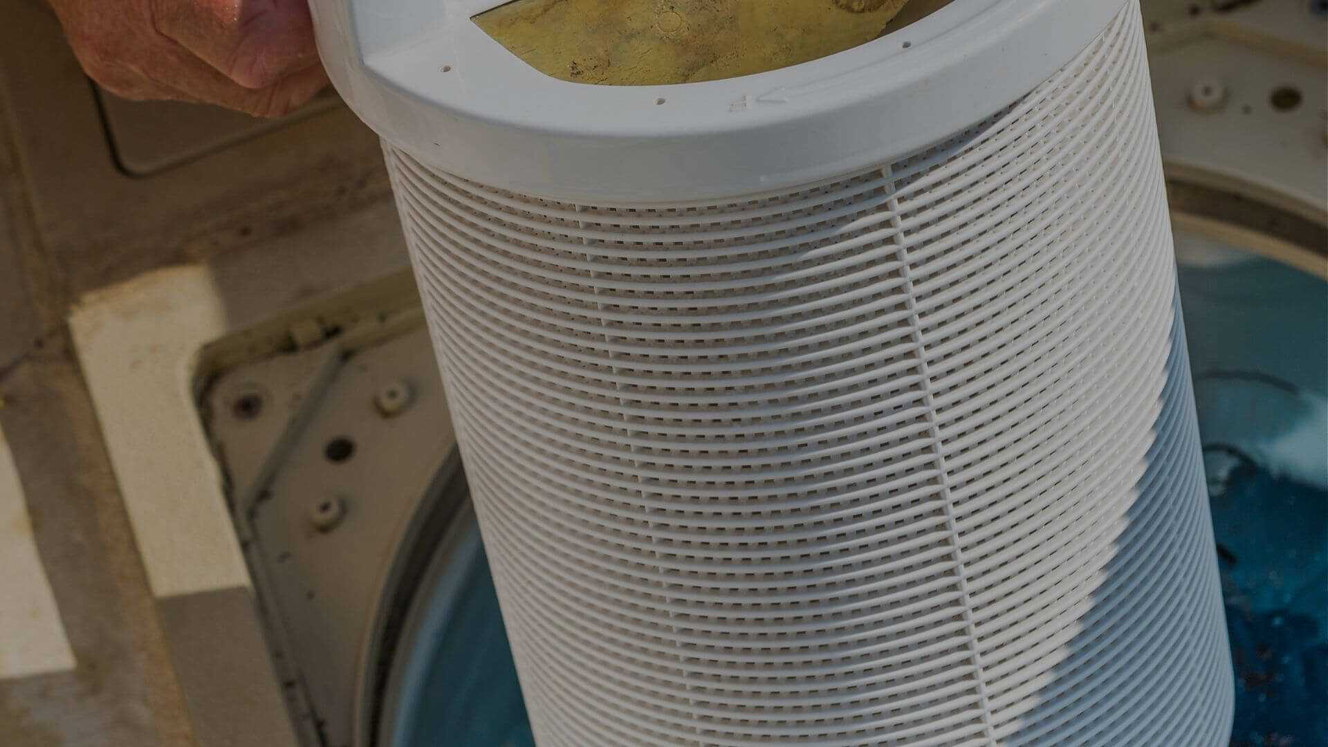 Close-up of pool filter cartridge being removed for cleaning during routine pool maintenance in Brentwood CA