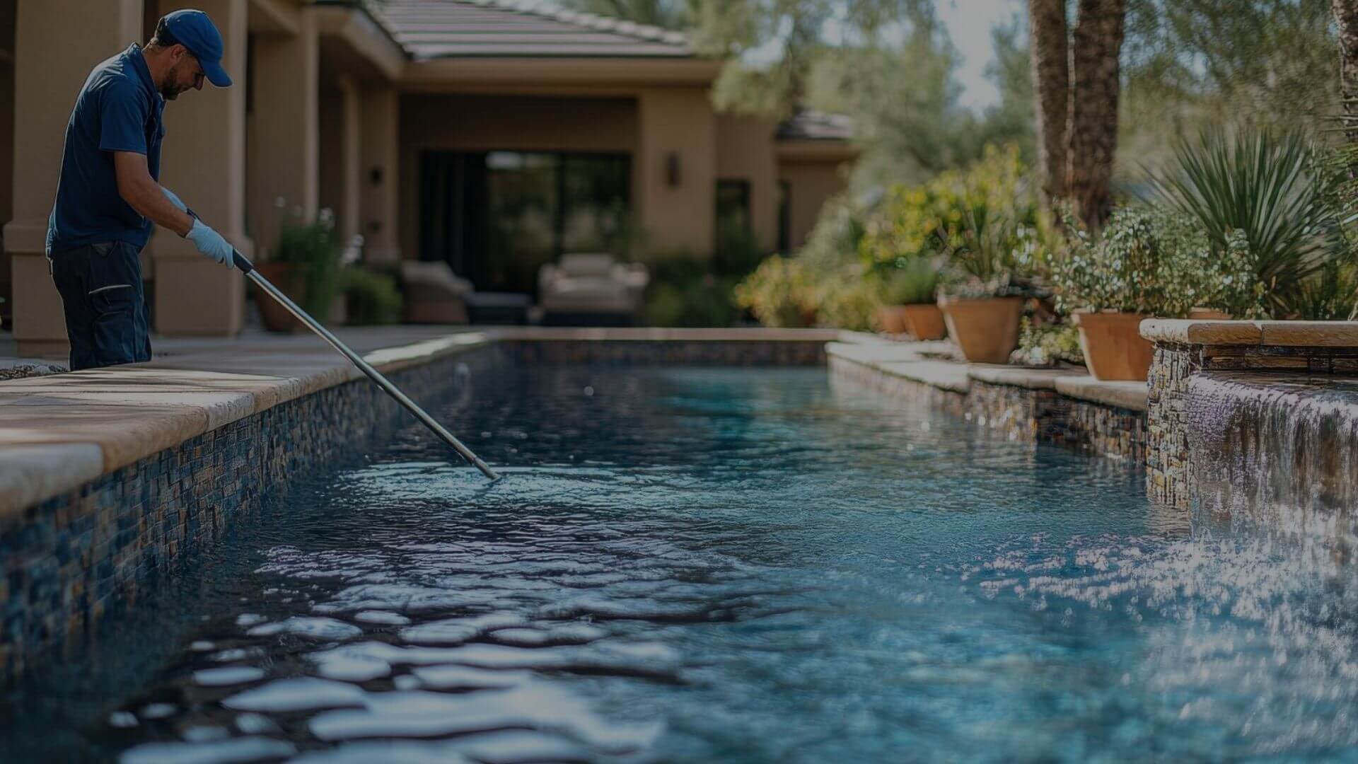 Pool service technician skimming and cleaning residential swimming pool during routine maintenance in Brentwood CA