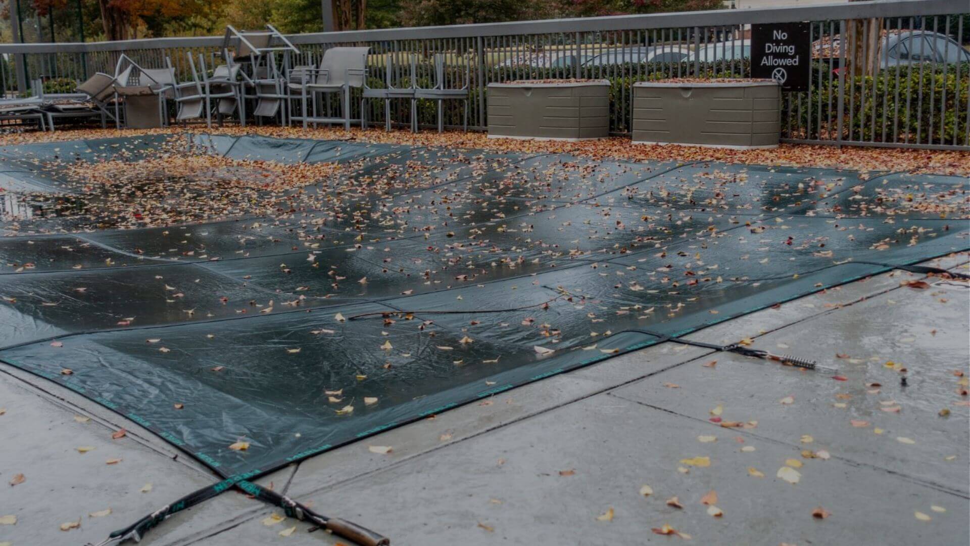Residential swimming pool covered for winter with safety cover and fallen leaves in Brentwood CA